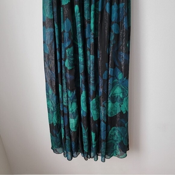 ALEXA B NITES Blue & Green Rose & Leaf Motif Gown Woven Metallic Silver Size 4 - Picture 6 of 9